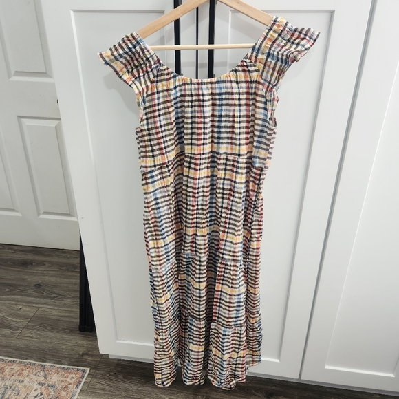 Loft Plaid Tiered Flutter Sleeve Midi Dress Whisper White Small T4 - Picture 4 of 11